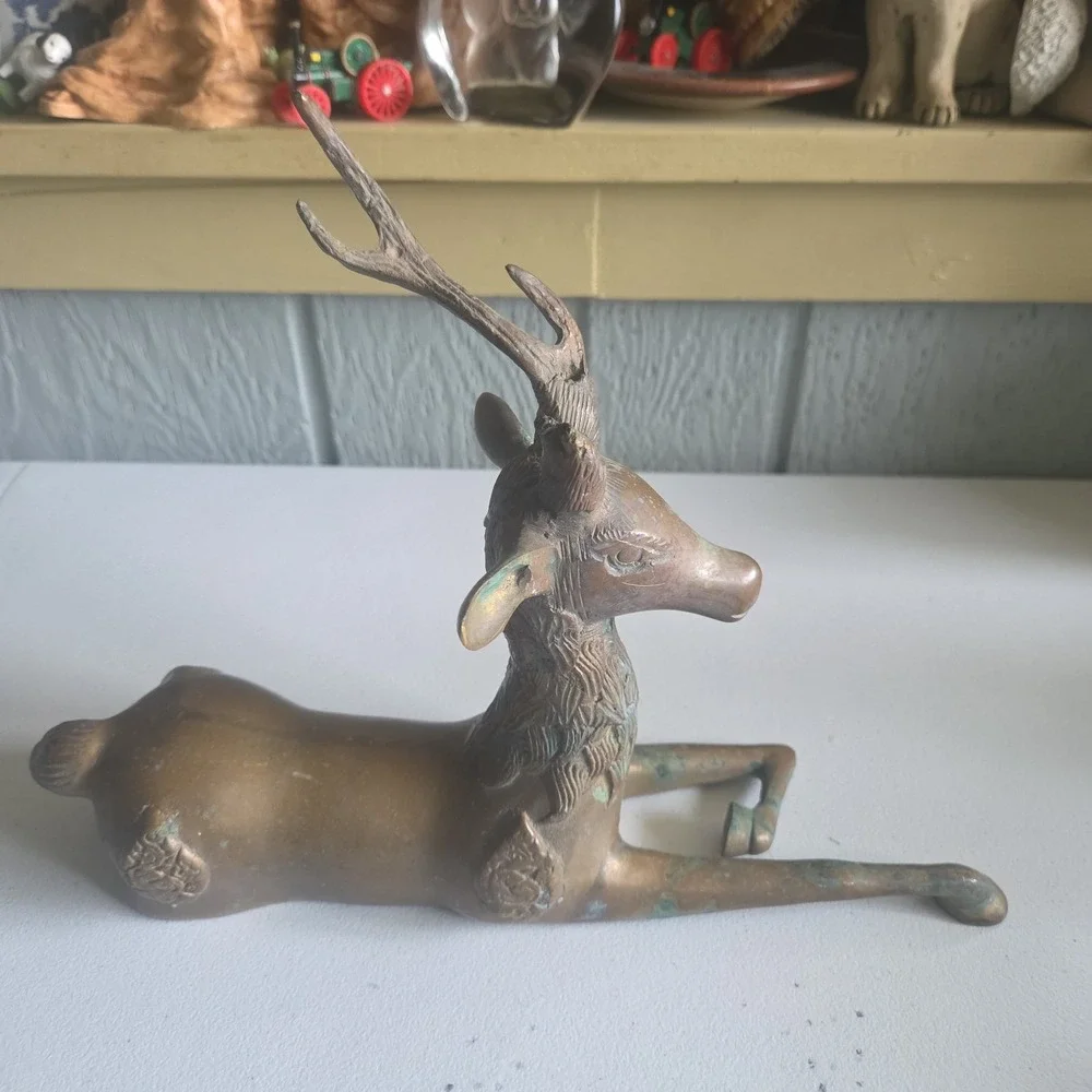 Vintage Brass Sculpture Deer MCM Stag Reclining Figure Antlers Aged Patina AS IS